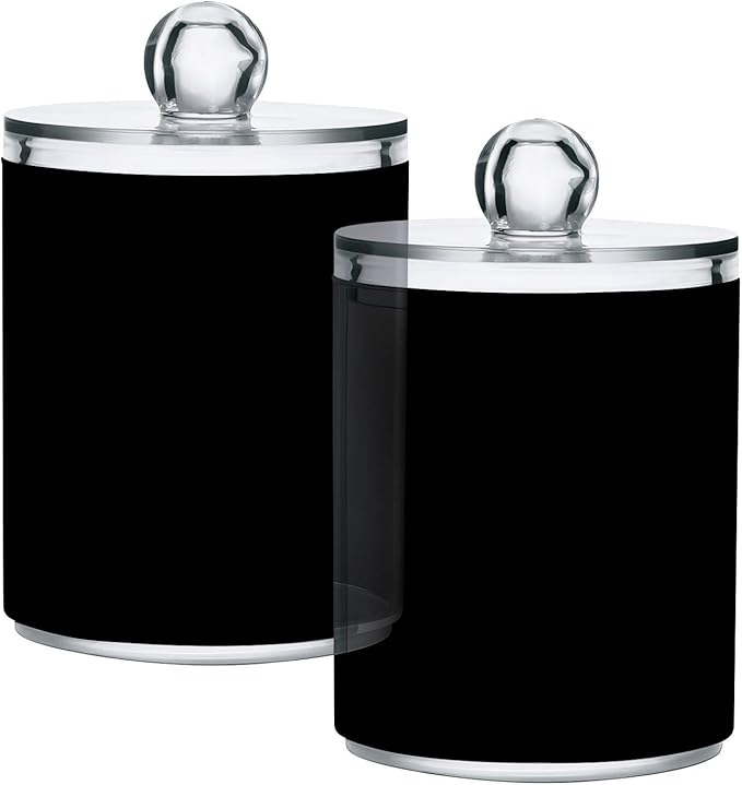 Black Qtip Holder Organizer Dispenser Cotton Swabs Cans Plastic Jars with Lid Set 2 Pack Bathroom Storage Canister for Cotton Ball Floss Cotton Pads