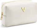 Kigeli Initial Makeup Bag for Women Beige Leather Easter Basket Gifts Monogram Cosmetic Bag Small Travel Toiletry Pouch Wedding Birthday Graduation Bridesmaid Gifts for Teen Girls Women Teachers(V)