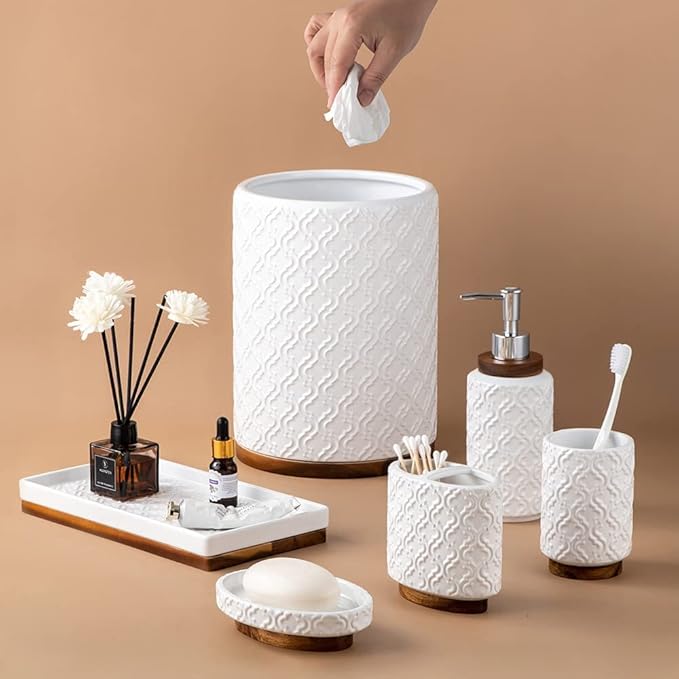 Elegant Bathroom Accessories Set 6 PCS Ceramic and Wood Bathroom Accessory Set Soap Dispenser Toothbrush Holder Tumbler Soap Dish Tray Trash Can Easy to Clean Quatrefoil Pattern White