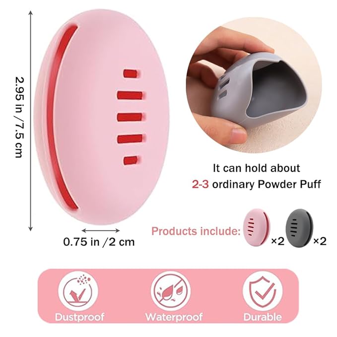 Portable Powder Puff Case,Breathable Round Makeup Puff Protective Container,Silicone Make-up Storage Box Travel Quick Drying Easy to Carry,4 Pieces,Pink+Grey