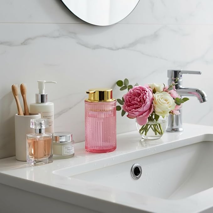 Foaming Soap Dispenser, 12 Oz Pink Glass Soap Dispenser, 2pcs Refillable Liquid Lotion Container Foam Pump Bottle Decorative Modern Slim Ribbed Bottle for Bathroom and Kitchen