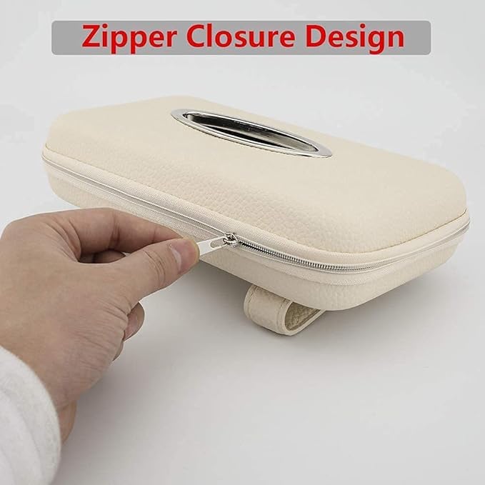 Car Tissue Holder, Sun Visor Tissue Holder, Zipper Car Visor Napkin Holder, PU Leather Backseat Tissue Case for Car,Vehicle (Beige)