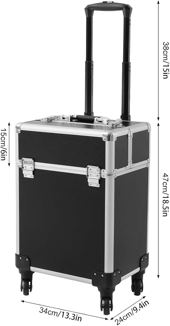 Black Rolling Makeup Case, Professional Cosmetic Box Storage on Wheels, Large Make Up Train Carrying Cases w/4 Organizer Trays, Cosmetic Case Trolley with Locks for Makeup/Nail Art/Hair Styling