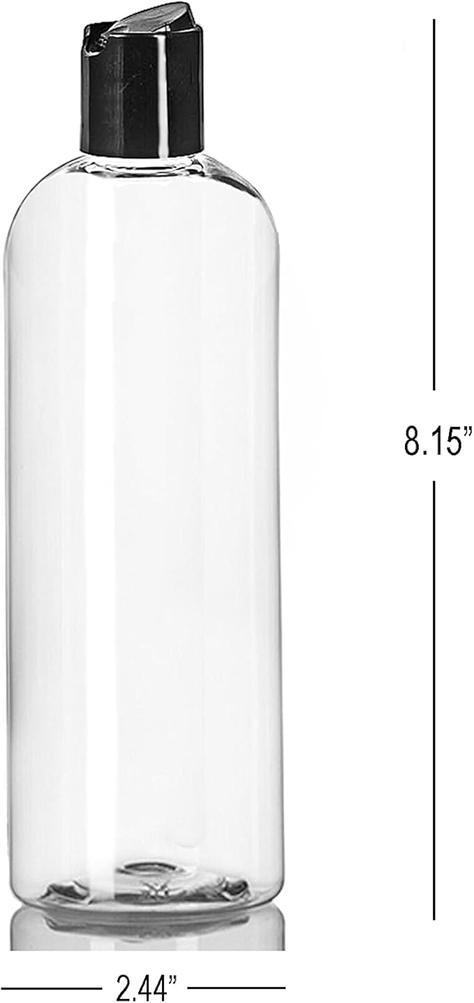 ljdeals 16 oz Clear Plastic Empty Bottles with Black Disc Top Caps, Squeezable Refillable Containers for Shampoo, Lotions, Cream and more Pack of 6, BPA Free, Made in USA