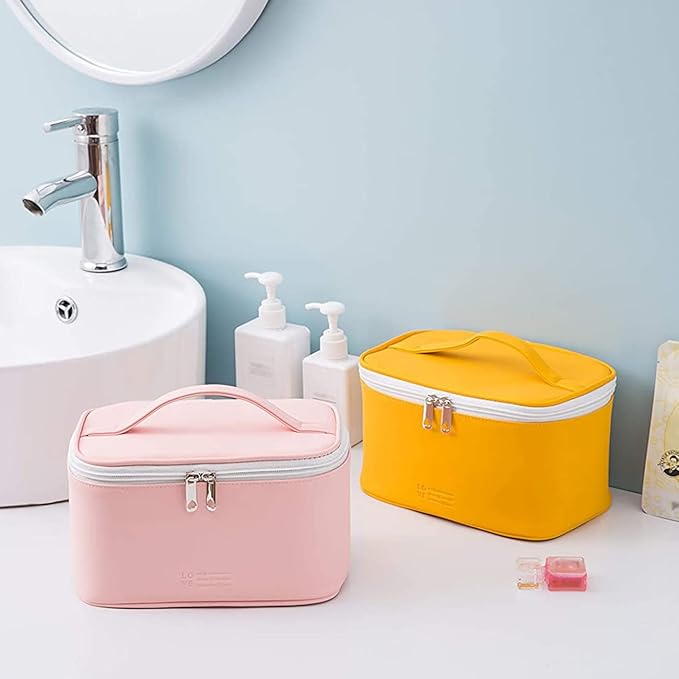 Meiyuuo Makeup Bag Large Cosmetic Bags for Women Girls Cute Travel Zipper Pouch Toiletry Organizer for Beauty Essentials Waterproof (Yellow)