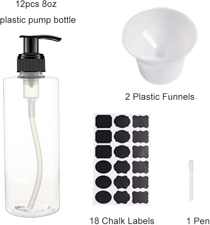 12 Pack 8 oz Plastic Pump Dispenser Bottles for Massage Oil, Shampoo, Lotions, Body Wash Pump Bottles, Cream Refillable Containers with Pump, 2 Funnel, 18 Chalk Labels