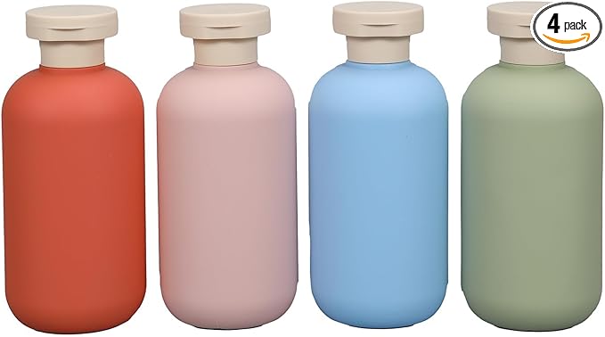 ASEVAT 6.7oz Plastic Refillable Travel Shampoo Bottles, 4 Pack, Leak Proof, Reusable, Orange/Pink/Green/Blue, Travel Size, Shampoo and Conditioner Dispenser