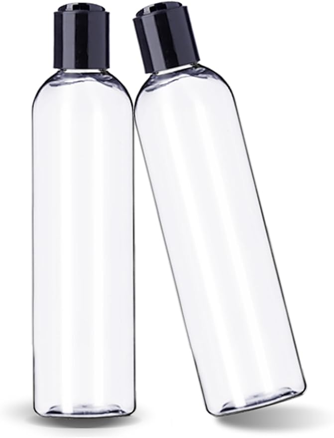 ljdeals 8 oz Clear Plastic Empty Bottles with Black Disc Top Caps, Refillable Containers for Shampoo, Lotions, Cream and More Pack of 2, BPA Free, Made in USA