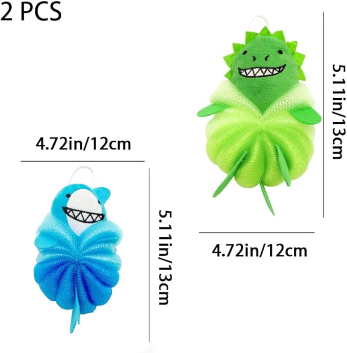 Bath Loofahs,Ttdesefu Kids Toddler Body Sponge Cute Cartoon Kids Loofah,Bath Sponge Shower Puff Soft Loofah Sponge Pouf Exfoliating Mesh Shower Ball (Animal，2 Pcs) (Green,Blue)