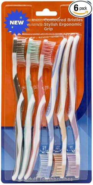 Manual Toothbrush with Soft Bristles, Contoured Bristle Shape + Ergonomic Grip, 6 Pack