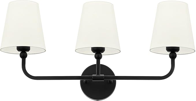 Bathroom Light Fixtures, 3-Light Matte Black Vanity Lights with Flared Beige Fabric Shade, Vintage Sconces Wall Lighting for Hallway Bedroom, VL837-MB-B-3
