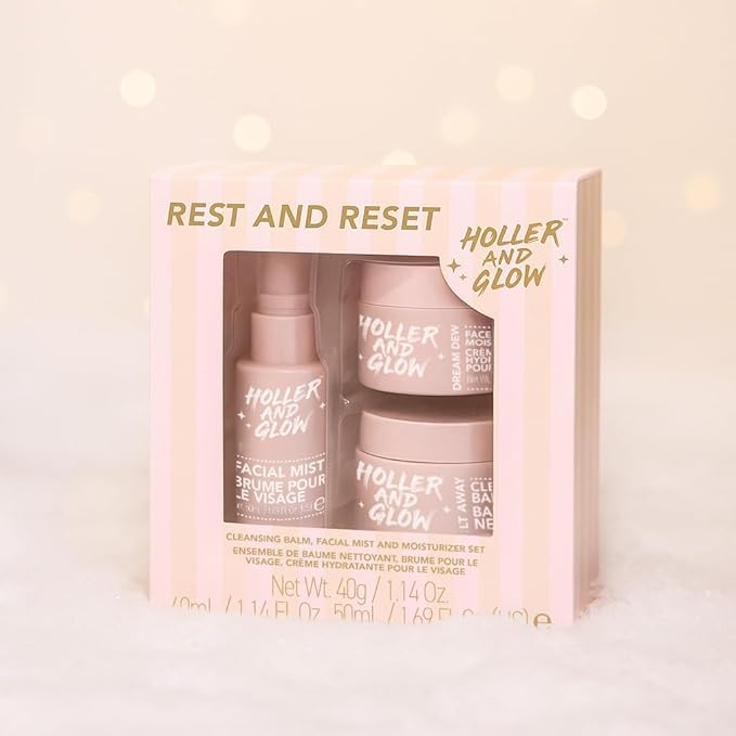 Holler And Glow Rest And Reset Cleansing Balm, Facial Mist And Moisturizer Set, Hydrating Face Spray, Cleanser & Makeup Remover, Nourishing, Stocking Stuffer For Teen Girls, 3 Piece Easter Gift