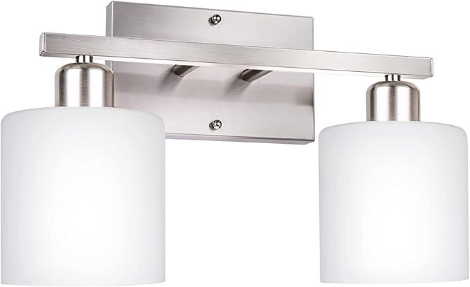 Bathroom Vanity Light Fixture Over Mirror with Brushed Nickel, Modern 2-Light Wall Sconces Lighting for Bedroom,Living Room,Decor White Glass Shades,E26 Standard Base,Bulbs Not Included