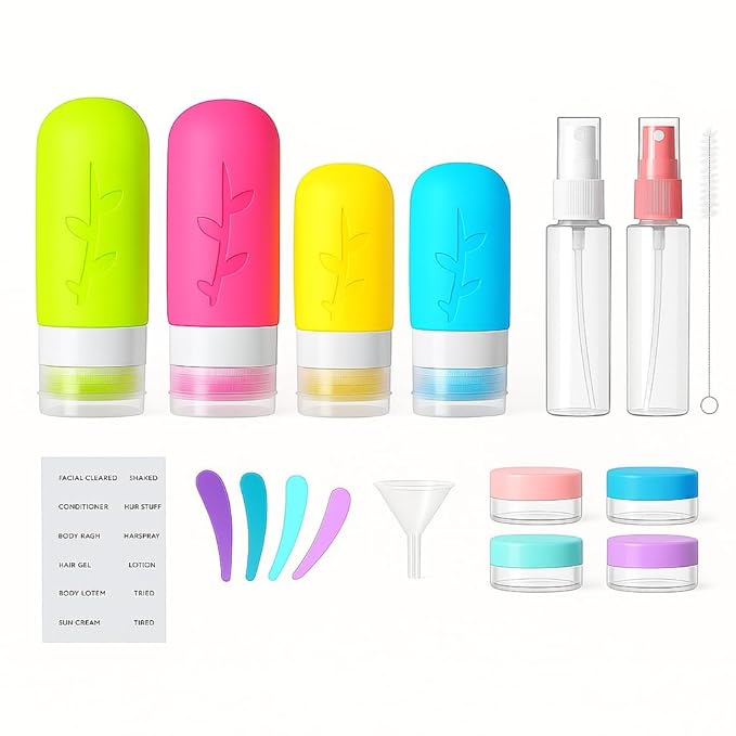 TSA Approved Travel Bottles Set – 18 Piece Leak-Proof Silicone Toiletry Kit with Clear Bag, Refillable Bottles, Jars, Spray Bottle & Accessories for Shampoo, Lotion and Body Wash