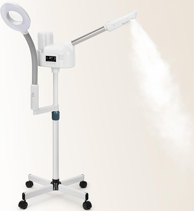 Professional Facial Steamer with 5X Magnifying Lamp, 2 in 1 Facial Steamer Upgrade PTC Heating, Esthetician Steamer Black Face Steamer for Salon Spa Beauty Skin Care (White)