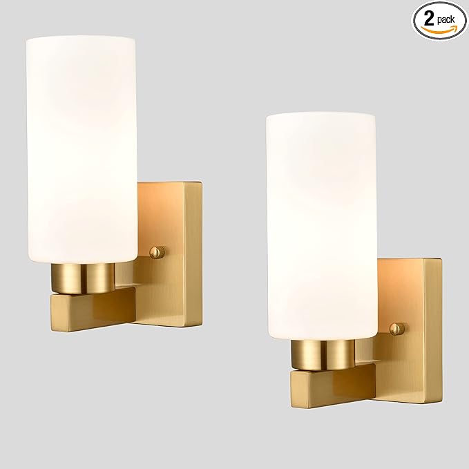 Modern Wall Light Fixtures Brass Bathroom Vanity Light with Milky White Cylinder Glass Shade Set of 2