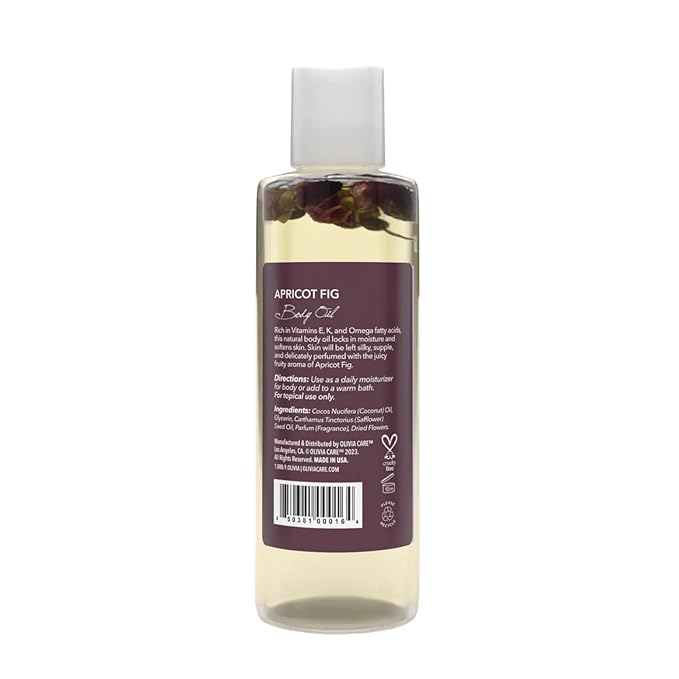 Olivia Care Body Oil Apricot Fig Vegan & Natural Moisturizing - Infused with VITAMIN E, K & Omega Fatty Acids - Refreshing Fragrance - Reduce Dry Skin, Anti-Aging Properties (Apricot Fig)
