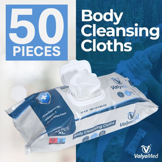 Body Wipes for Adults, XL Body, Elderly, Alcohol-Free Incontinence, Paraben Free, Fragrance-Free with Vitamin E and Provitamin B5, 11 x 8 Inches, 50 Count