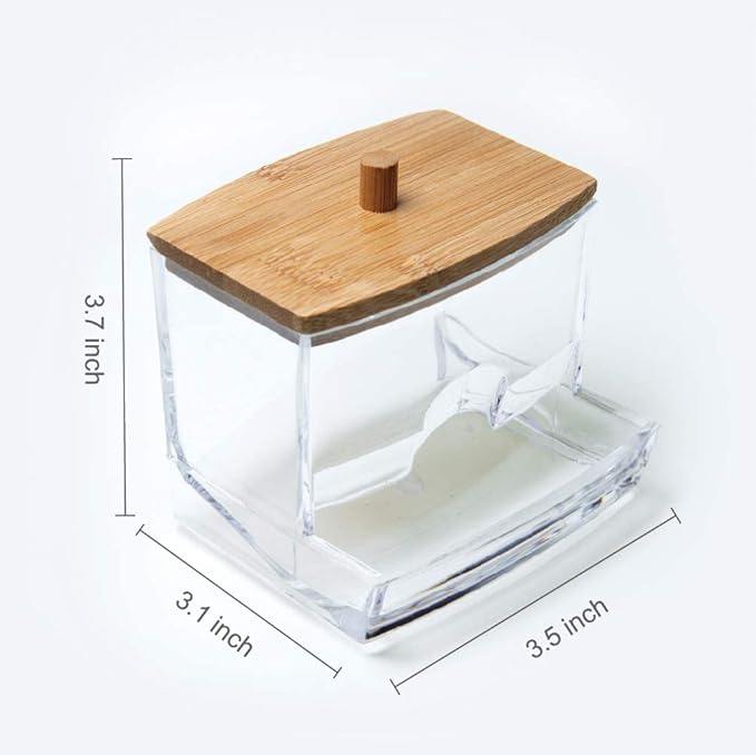 NAGU Acrylic Qtip Holder with Bamboo Lid, Clear Small Cotton Swab Dispenser, Plastic Ear Stick Swabs Holder, Square Toothpick Storage Container, Bathroom Countertop Decorative Storage Organizer