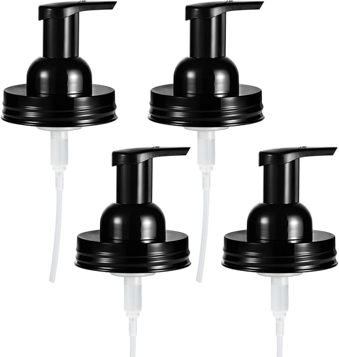 Amolliar Mason Jar Foaming Soap Dispenser Lids, Plastic Foam Pump Lids for Regular Mouth, Foaming Replacement Pump Set, Farmhouse Kitchen BathroomShower, Includes Waterproof Stickers - 4 Pack, Black