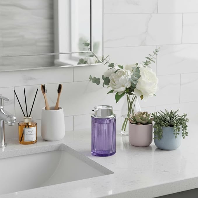 Foaming Soap Dispenser, 12 Oz Purple Glass Foam Hand Soap Dispenser, Refillable Glass Foam Pump Bottle Container Decorative Slim Ribbed Bottle for Bathroom and Kitchen