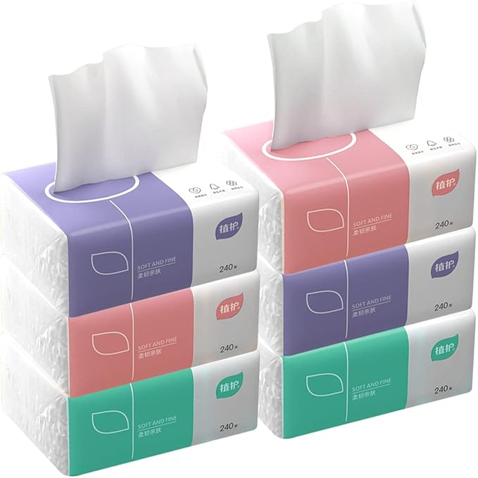 Pack of 6, Soft Small Facial Tissue, Toilet Paper, Bag Cover NOT Box, Disposable Facial Napkin, White Facial Paper, Material Wood Pulp Fiber NOT COTTON, 4-Ply, 240 Sheet per Pack