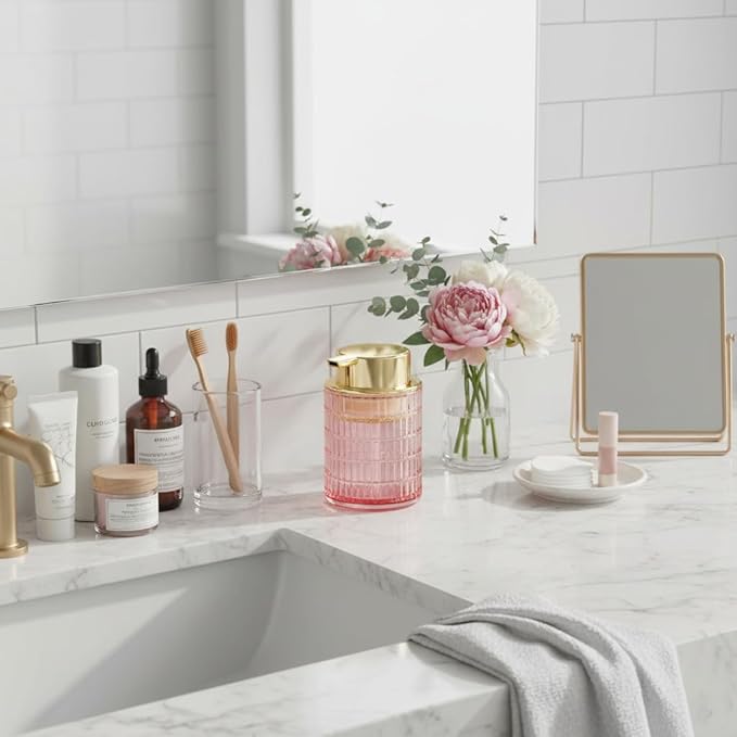 2pcs Foaming Soap Dispenser, Pink Glass Foam Soap Dispenser for Bathroom and Kitchen, 10 Oz Refillable Foaming Pump Bottle with Large Pump, Ribbed Bottle Container Decor