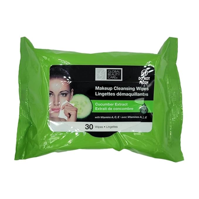 Global Beauty Care Cucumber Makeup Remover Wipes with Vitamins A C E For Cooling Skin Support - Facial Cleansing Towelettes Remove Waterproof Mascara, Oil & Dirt, All Skin Types 120 Count (4-Pack)
