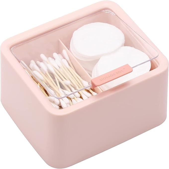 Tecbeauty 2pcs Qtips Holder - Middle Divider Cotton Pads Storage Dispenser Bathroom Organizer with Clear Hinged Lids for Cotton Balls Swabs Rounds - Blue & Pink