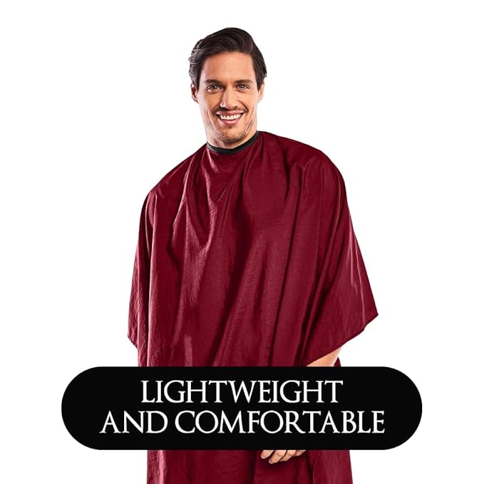 BD Barber Lightweight Crinkle Nylon Hair Cutting/Styling Cape, Water Resistant, Machine Washable, Permanent Crinkle Nylon, Repels Hair, Snap Closure at Neck, Generous 54 x 60 inch Size, Burgundy