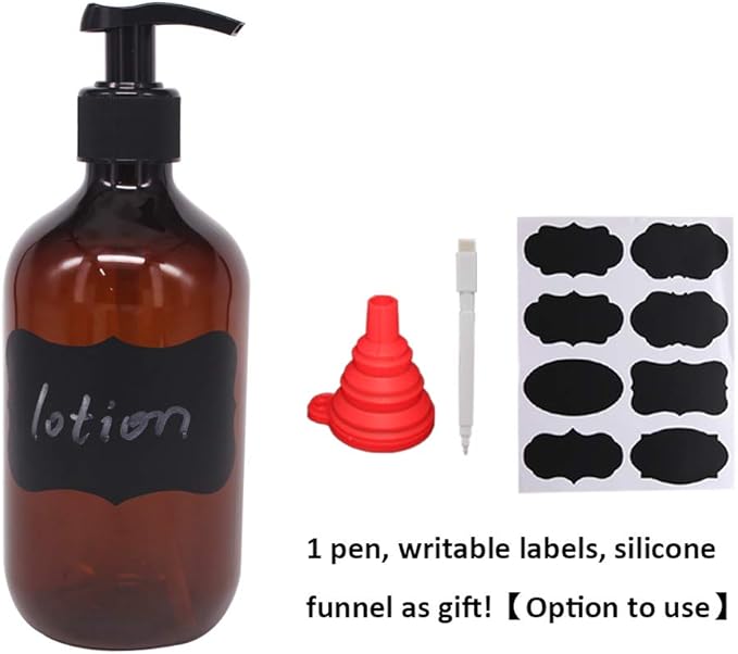 4 Pack 16 OZ Empty Plastic Pump Lotion Bottles with 1 Pen, Labels & Silicone Funnel, Amber Color Lotion Dispenser With Locking Pump for Body Wash, Shampoo, Massage Lotion, Gel
