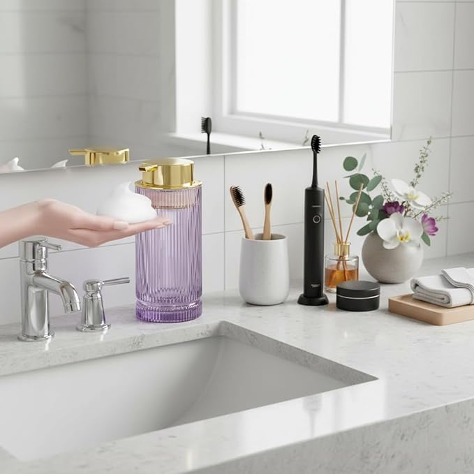 Foaming Soap Dispenser, Purple Glass Foam Hand Soap Dispenser with Gold Pump, 14 Oz Bathroom Refillable Liquid Lotion Pump Ribbed Bottle Container for Kitchen Countertop Decor, 1