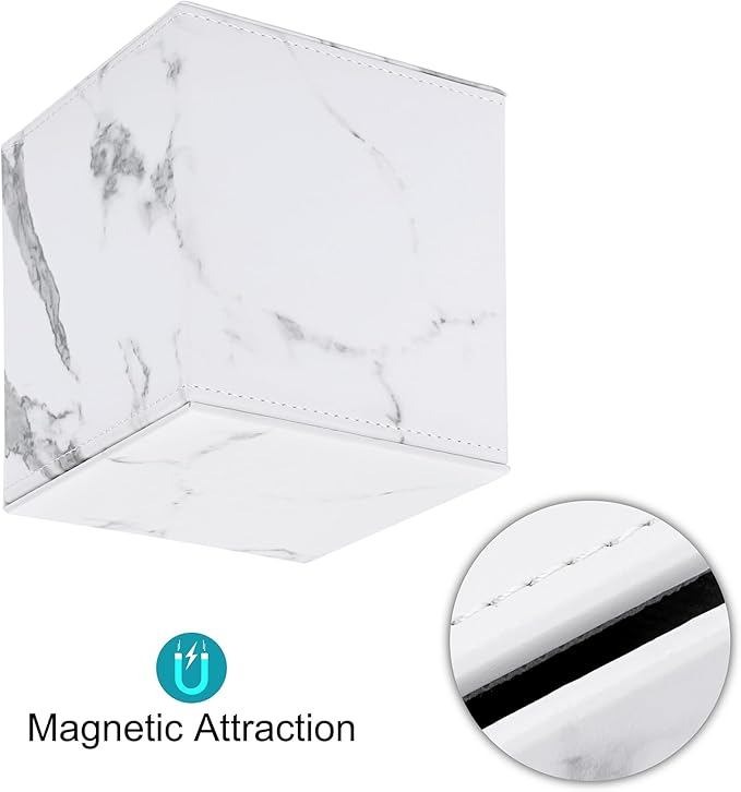 Sumnacon Square Leather Tissue Box Cover - Stylish Cube Tissue Box Holder with Magnetic Bottom, Decorative PU Tissue Box for Vanity Dresser Night Stand Table Countertop Home Office Car, Marble White