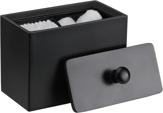 Luxspire Cotton Swab Holder, Qtip Holder Dispenser with Lid, 2 Compartments Cotton Ball Organizer, Bathroom Container, Q Tip Jar, Floss, Bathroom Accessories - Matte Black