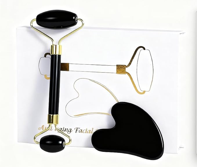 Jade Roller Gua Sha Tools – Nature Gua Sha Facial Tool Skin Tightening Face Massager Anti-Aging Jade Face Roller Puffiness Reducing Guasha Stone for Women Men (Black)