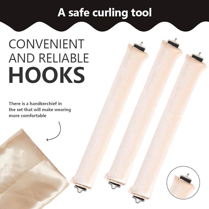 Heatless Curls Overnight Set of 3 with 1 Scarf - Heatless Hair Curler, Overnight Blowout Rods for Blowout Look Long Hair (Beige)