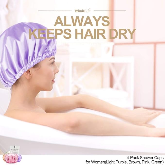 Shower Cap for Women Reusable Extra Large Shower Caps for Men Satin Double Layer EVA Waterproof Long Hair Caps(Light Purple, Brown, Pink, Green 4 Pack)