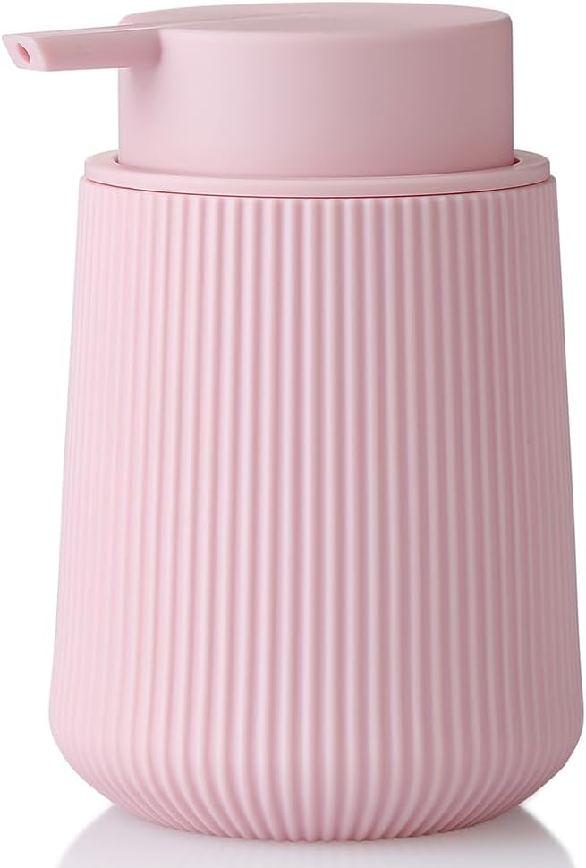 Striped Liquid Hand Soap Dispenser with Leak-Proof Pump for Bathroom and Kitchen Countertop 11 oz Pink