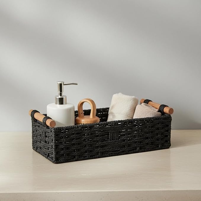Back of Toilet Basket, Black Wicker Toilet Tank Basket for Toilet Paper Storage, Basket for Toilet Tank Top, Narrow Bathroom Organizer for Wipes & Essentials