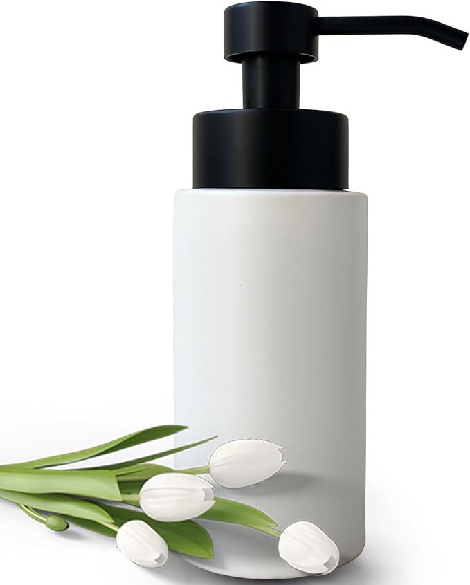 9.5 Oz Foaming Soap Dispenser for Bathroom,Kitchen Foam Soap Dispenser,Refillable Modern Foam Pump Bottle,Black Ceramic Foaming Hand Pump Dispenser (White)