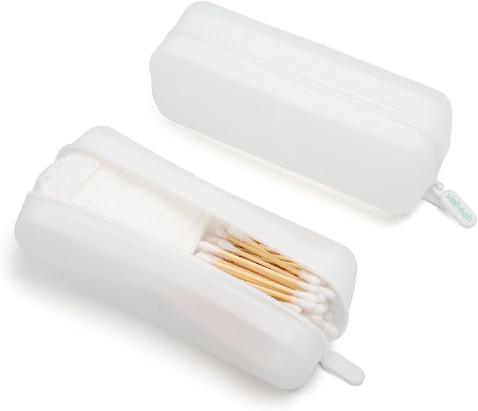 Cotton Pad Swab Travel Case – 2-in-1 Portable Waterproof Qtips Dispenser for Cotton Square Pad & Qtip, Floss, Bobbi Pin, Nail Kit, Hair Accessories Organizer TSA Compliance – VISFRESH (Clear)