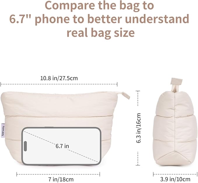 Narwey Small Travel Makeup Bag for Women Girl, Puffer Cute Make Up Organizer Bags, Puffy Cosmetic Bag Travel Toiletry Bag for Toiletries (Beige)