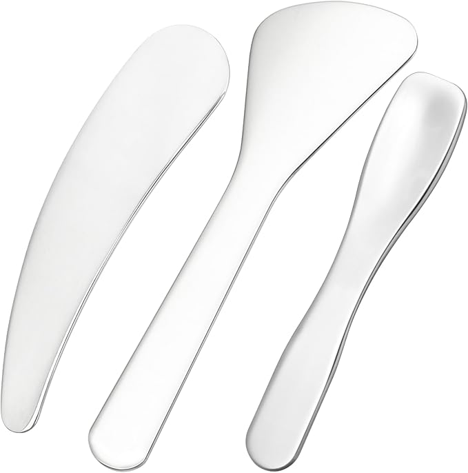 3pcs Mini Stainless Steel Makeup Spatula, Reusable Cosmetic Cream Spatulas Spoon, Skincare Scoop Applicator Facial Massage Beauty Tools for Mixing and Sampling Face Eye Cream- Silver