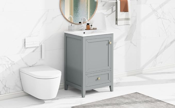 Bellemave 20-inch Bathroom Vanity with Sink, Free Standing Bathroom Vanity Cabinet with Soft Closing Door, Storage Rack, and Drawer, Solid Wood Vanity Set with Ceramic Sink（Grey）