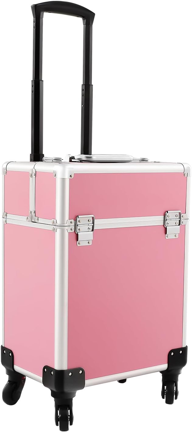 Rolling Makeup Train Case, Large Aluminum Alloy Cosmetic Trolley Case with Wheels & Retractable Handle, Lockable Storage for Makeup Artists, Lash Techs, Travel, Pink
