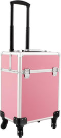 Rolling Makeup Train Case, Large Aluminum Alloy Cosmetic Trolley Case with Wheels & Retractable Handle, Lockable Storage for Makeup Artists, Lash Techs, Travel, Pink