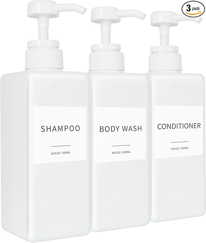 Shampoo and Conditioner Dispenser, Refillable Plastic Shampoo Pump Bottles with Waterproof Labels, Empty Body Wash Dispenser Set for Bathroom, Shower Soap Bottles (White, Set of 3, 16.9oz)