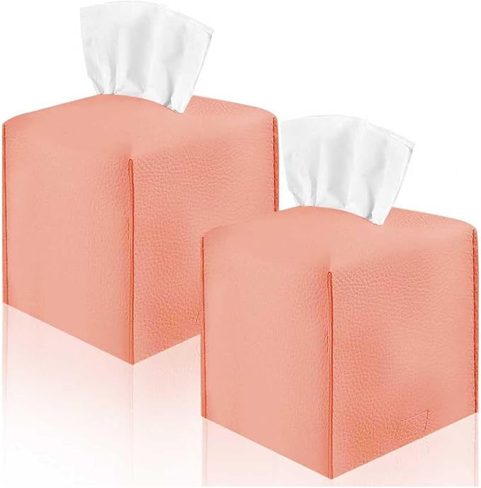 2 Pack, VIVIDLY Tissue Box Cover Holder, Square Modern PU Leather Tissue Box Holder, Can be Used for Bathroom Dressing Table, Bedside Table, Office Desk & Car 5"X5"X5"- (2, Rose Gold)