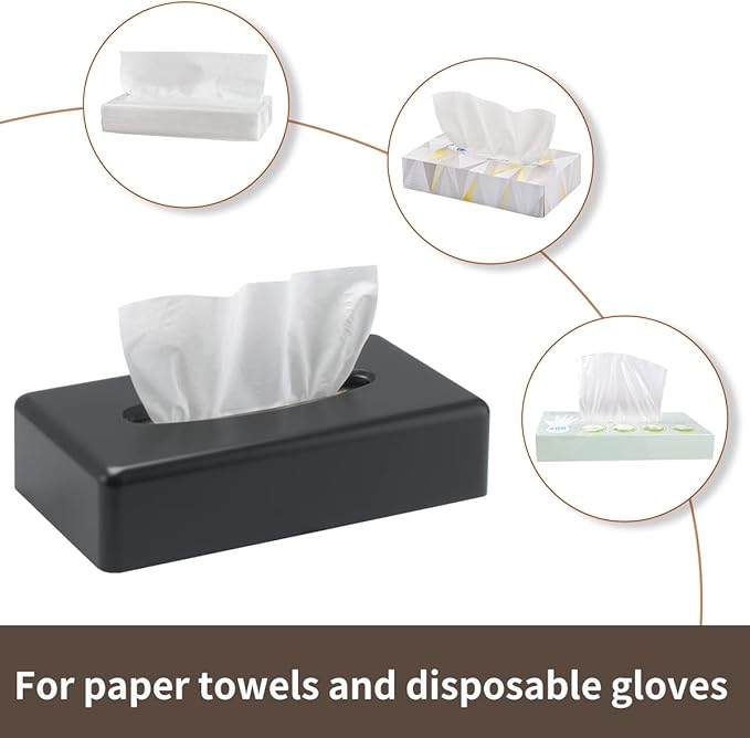 Tissue Box Cover, Rectangular Black Wall Mounted Facial Paper Holder Dispenser, Prefert for Storage on Bathroom Vanity, Kitchen, Night Stand, Countertops Office and Car.