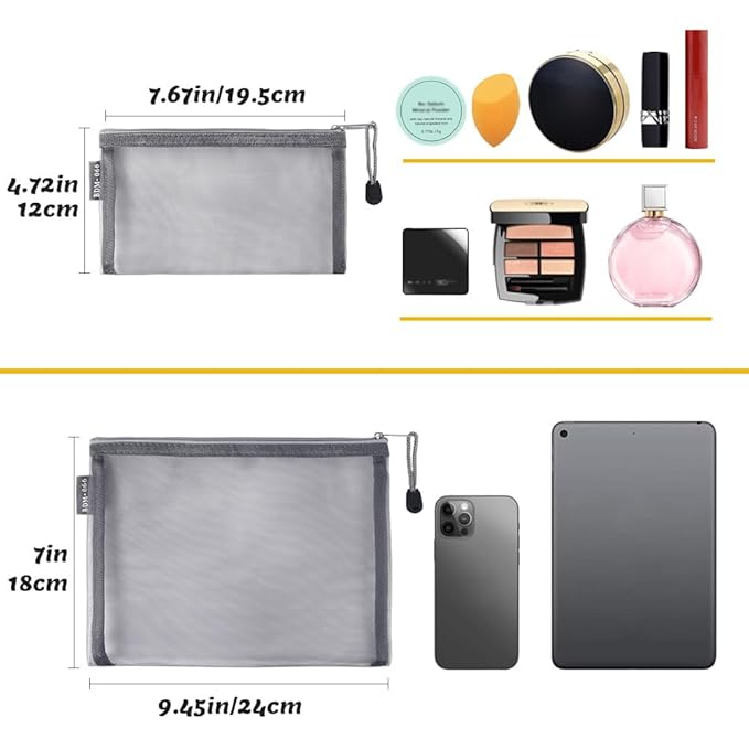 6 Pack Mesh Cosmetic Bags, Nylon Makeup Pouches with Zipper for Home Office Purse Diaper Bag (Grey)